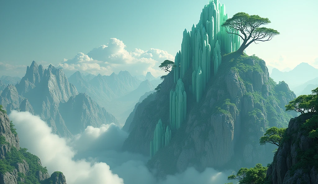 There is a high mountain,Half of the mountain is smooth jade,The other half is covered with strange-shaped trees.(best quality,4K,8k,High level,masterpiece:1.2),Ultra Detailed,(lifelike,Photo real,Photo real:1.37)