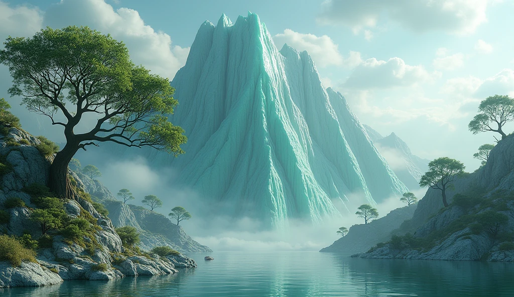 There is a high mountain,Half of the mountain is smooth jade,The other half is covered with strange-shaped trees.(best quality,4K,8k,High level,masterpiece:1.2),Ultra Detailed,(lifelike,Photo real,Photo real:1.37)