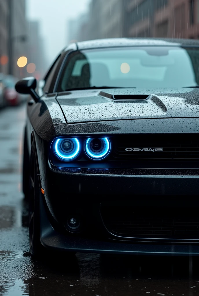 Dodge Challenger preto com farol redondo azul, in the rain blurred images in the background High resolution and shows the entire car 360 degrees