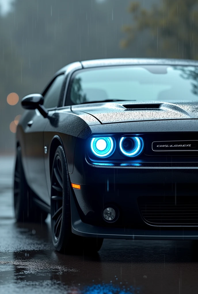 Dodge Challenger preto com farol redondo azul, in the rain blurred images in the background High resolution and shows the entire car 360 degrees