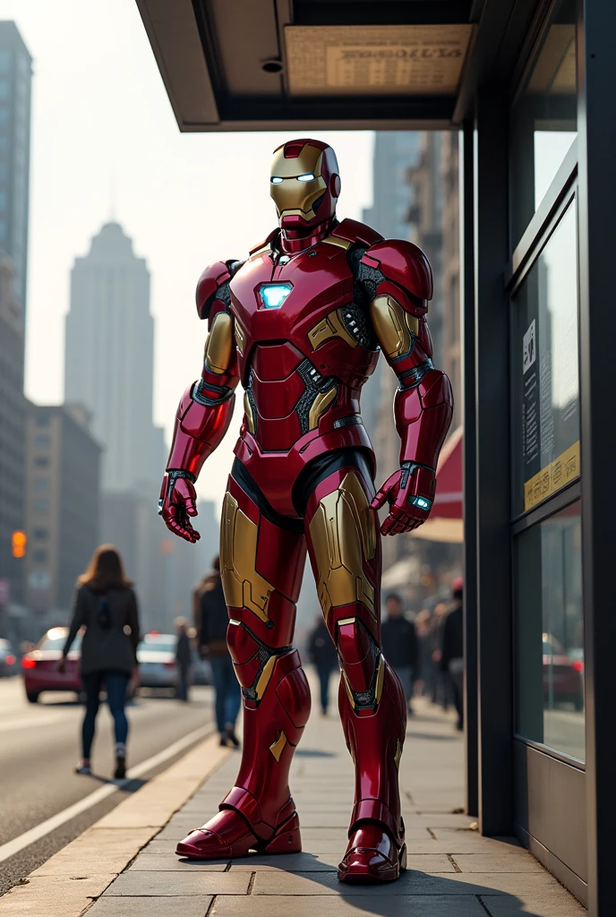 Iron Man waiting for a bus