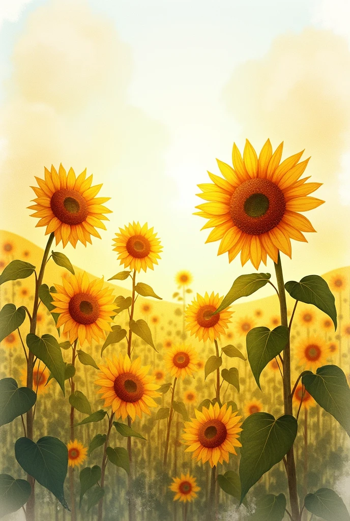 Sunflower field painted in watercolor