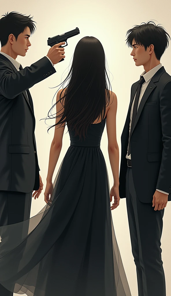 an asian woman in black dress long black hair facing an asian man pointing a gun at a 3 asian man in a suit