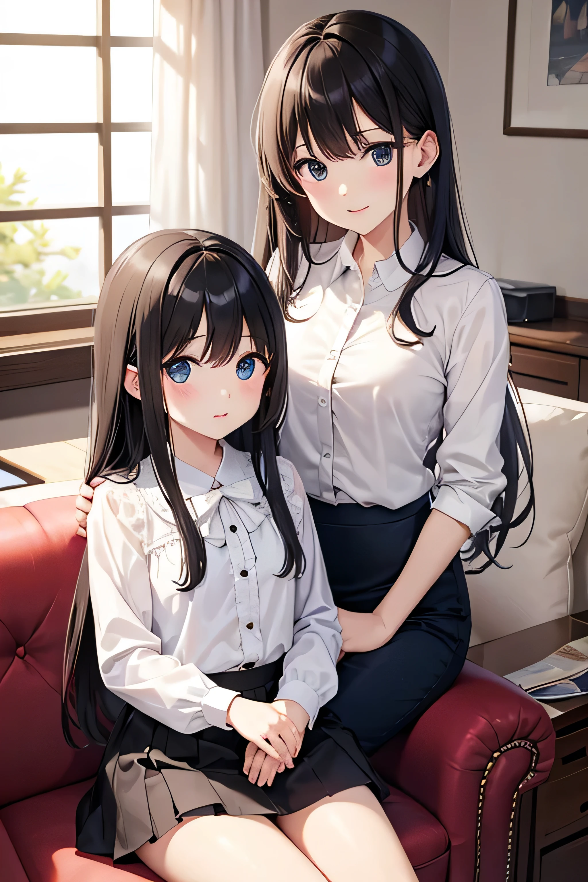 High resolution, Long Hair, accurate, masterpiece, Highest quality, Adults and children、Mother and daughter、2 people、(Young、cute)、Black Hair、clear、Shirt blouse、Collared shirt blouse、白いShirt blouse、Light pink shirt blouse、Blouse with ruffles、Long sleeve、Positive、Small breasts、Sitting side by side、Young、Short