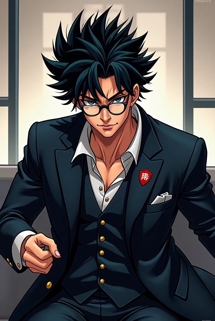(Anime style Jojo's Bizarre Adventure) with black hair and glasses posing.
With office manga cover title: "Matheus"