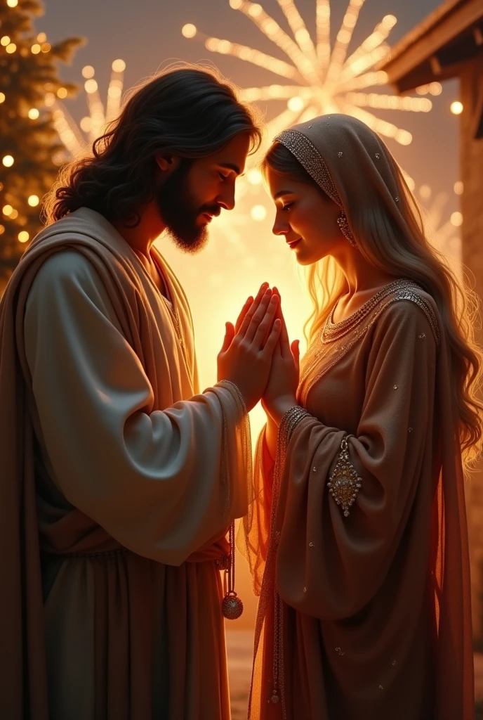 (photorealism:1.2), a handsome Jesus Christ and a beautiful virgin Mary, praying and celebrating Christmas, wearing the elegant color brown clothes sorrounded of many diamonds, the light in their heads and hearts sparkling all over, beautiful clothes, very nice hair, outdoors, soft light in the evening, fireworks and Christmas decorations in the background, evening with Christmas light, cozy Christmas, relaxed pose, realistic, intricate details, warm colors,