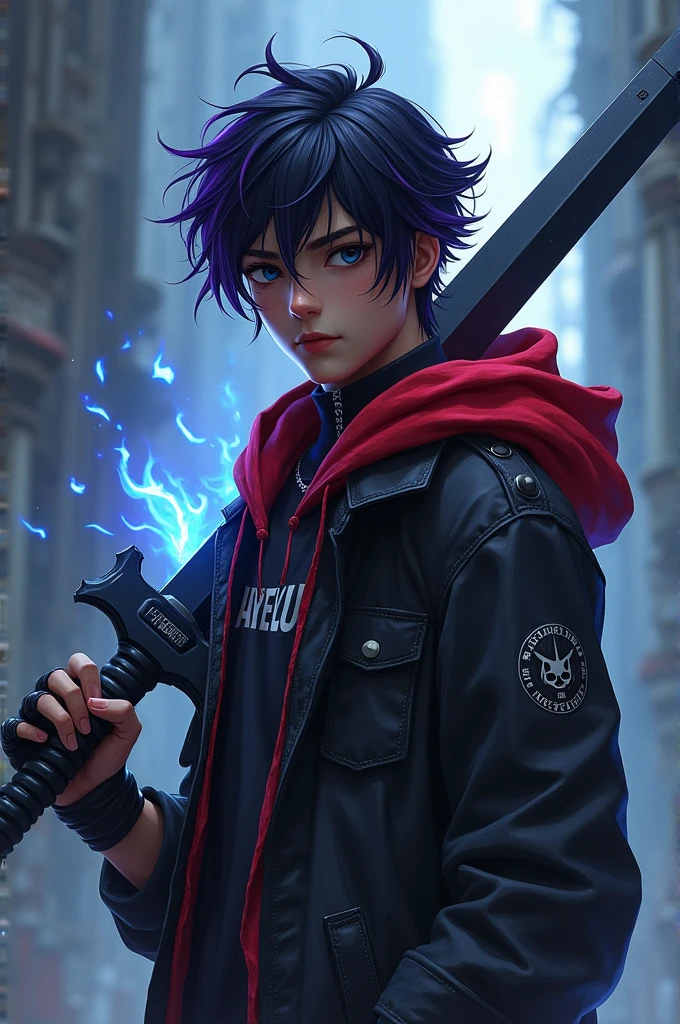 Sixteen year old boy with black hair and purple hair, very good physique, a black jacket with a red hood, a hollow mask, a black sword with blue fire, black fingerless gloves