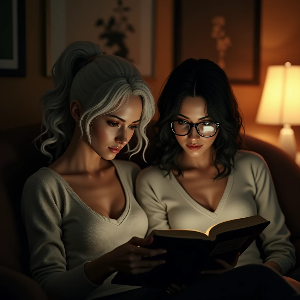 score_9, score_8_up, score_7_up, ada wong, jill valentine, white hair, (curly ponytail:1.2), gray eyes , reading glasses, white sweater , reading a book , cozy atmosphere, warm colors, lamplight, BREAK volumetric lighting, depth of field, cinematic shot, vibrant, detailed, dramatic light