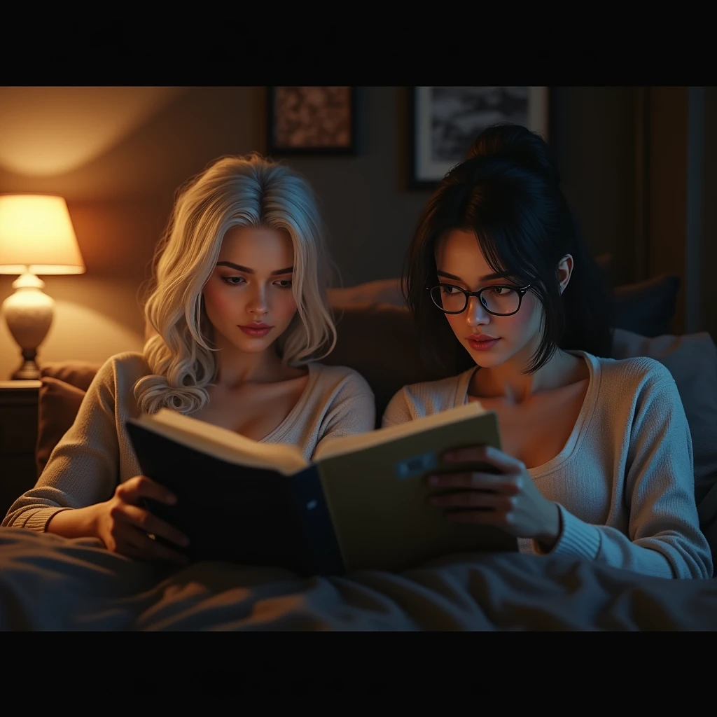 score_9, score_8_up, score_7_up, ada wong, jill valentine, white hair, (curly ponytail:1.2), gray eyes , reading glasses, white sweater , reading a book , cozy atmosphere, warm colors, lamplight, BREAK volumetric lighting, depth of field, cinematic shot, vibrant, detailed, dramatic light