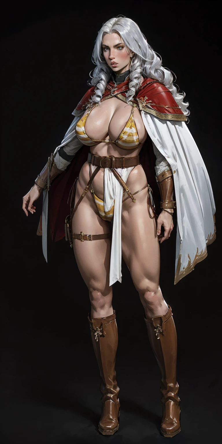 (masterpiece, best quality) (black background) full body standind straight symmetrical, FEMALE warrior princess Mercedez Von Martritz, twin big belt around waist, long curly WHITE SILVER hair, very white skin, female wearing full body bikini armor with red cape, brown leather boots, adventurer outfit, veteran warrior milf bimbo