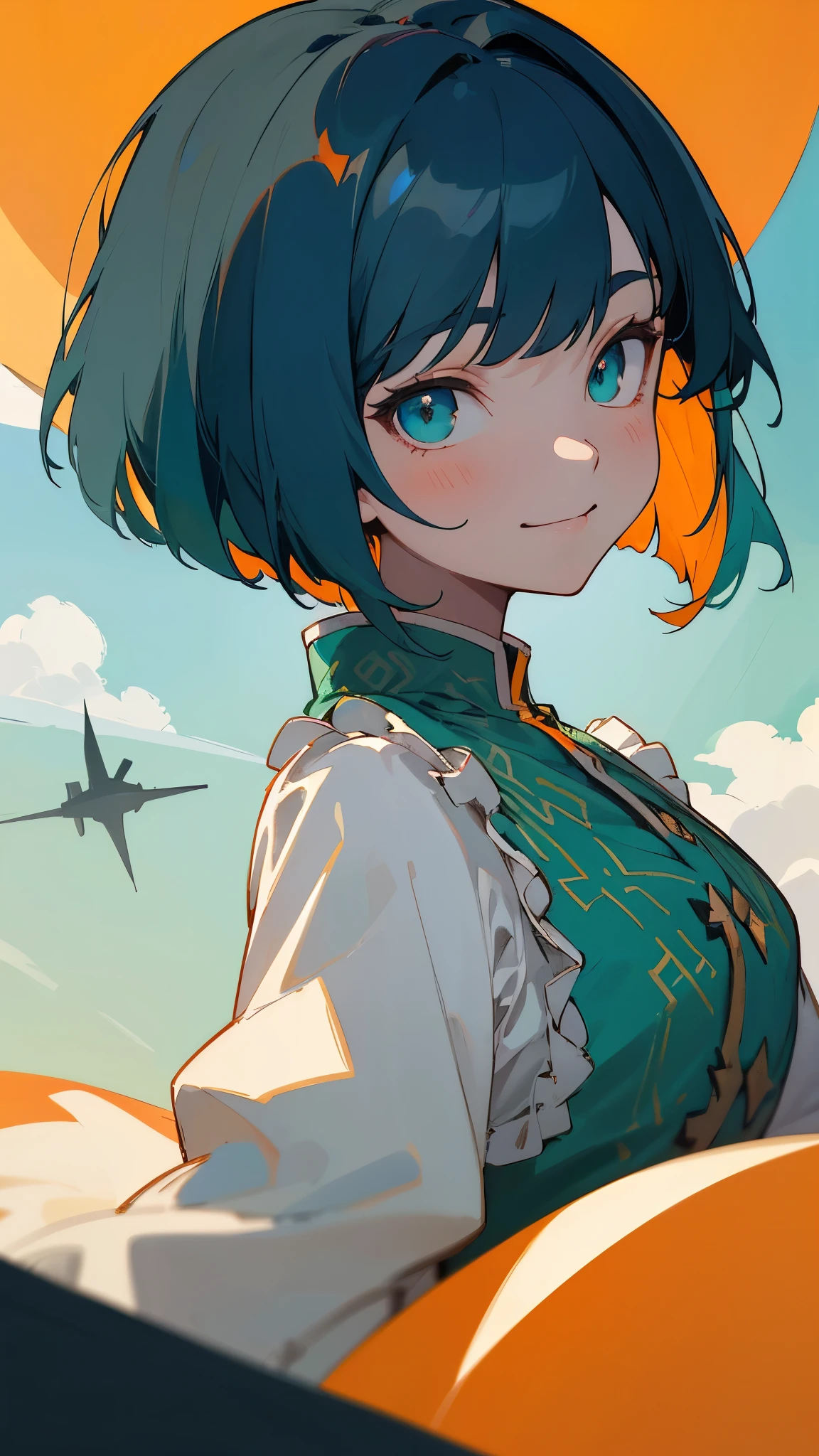 Portrait of one person、 girl、Ethnic patterned frilled blouse、Dark blue hair、Bob Hair、Green round eyes、Wicked Smile、Green and orange tones、anime painting、From the side、blue sky、Lighthouse background、Upper body close-up、Sharp contours