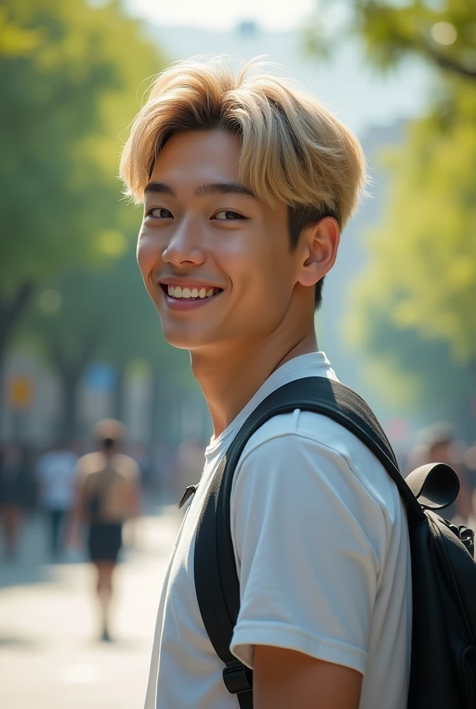 Photorealistic, 8k whole bodyポートレート, Handsome, mens, Gentle expression,smile,Blonde,Fine skin,20-year-old Japanese,University campus,Bangs that reach the eyes,The front hair is down,Short-haired man,Looking Back,whole body