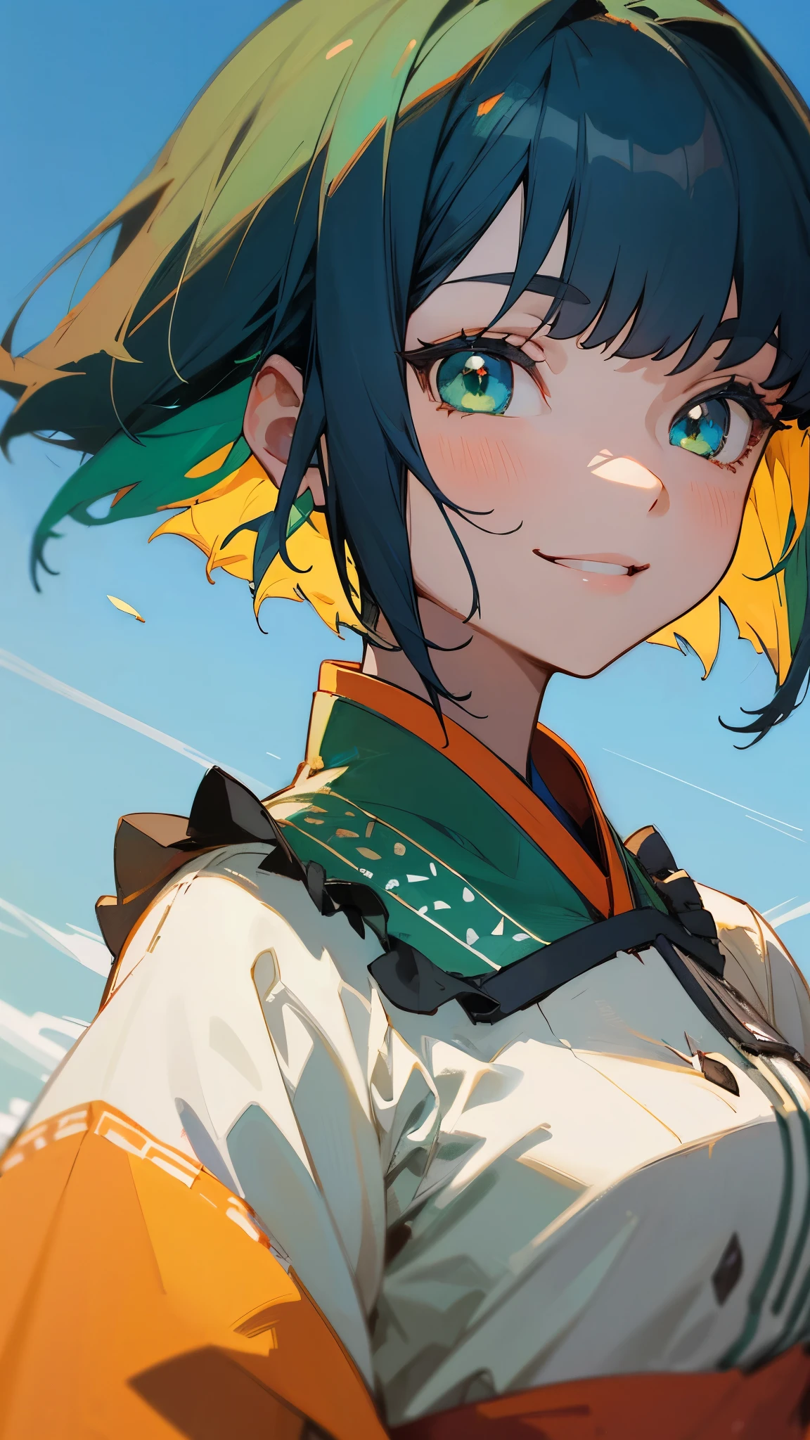 Portrait of one person、 girl、Ethnic patterned frilled blouse、Dark blue hair、Bob Hair、Green round eyes、Wicked Smile、Green and orange tones、anime painting、From the side、blue sky、Upper body close-up、Sharp contours