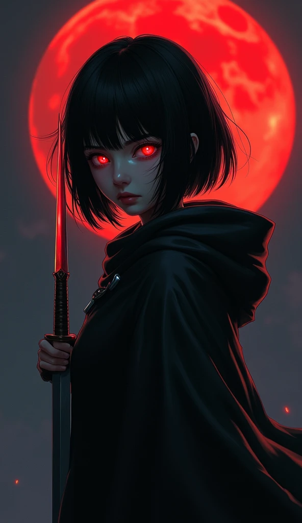 girl assassin in cloak, holding a knife, eyes orange glowing, bob haircut, black hair, realistic style, upper body, dark sky blood moon background