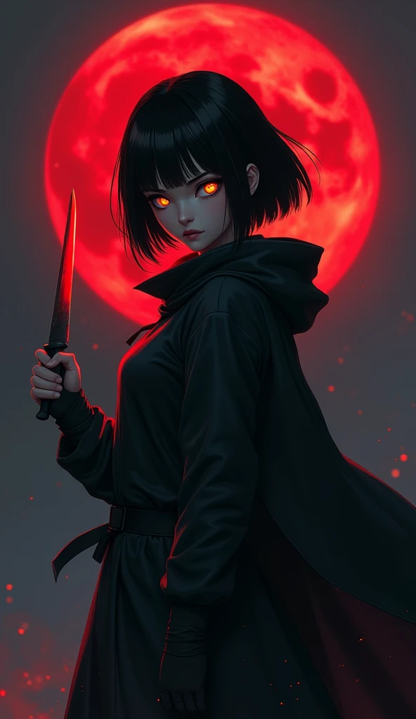 girl assassin in cloak, holding a knife, eyes orange glowing, bob haircut, black hair, realistic style, upper body, dark sky blood moon background