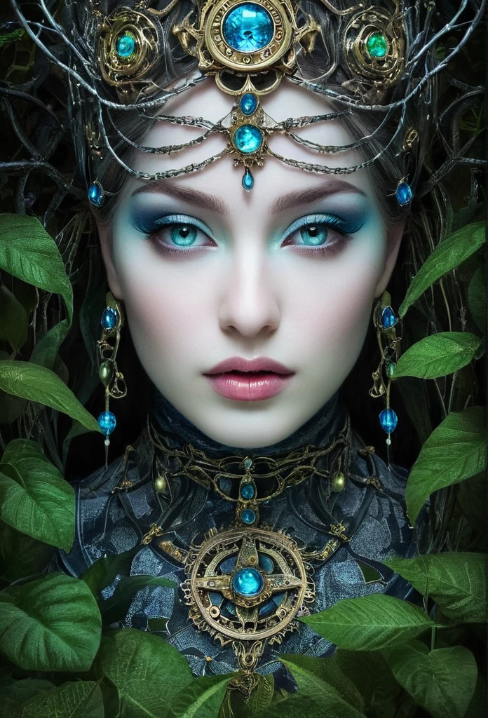Midjourney, Midjourney style, Super HD, hyperquality, hyper-realistic, Cinematic high quality photo, (different photorealistic portrait masterpiece of a mysterious hybrid creature, a fusion of floral and mechanical) elements, wandering through an enchanted forest of bioluminescent trees and glowing plants. This unique being, with a body covered in lush foliage and intricate gears, has radiant eyes that emit a soft, (gloomy and mesmerizing light). It explores the surreal landscape, a realm where nature and technology coexist harmoniously. Delicate flowers intertwined with polished metal vines form a fascinating, intricate pattern on the creature's skin. High detail, (by Jean Ansell, Josephine Wall, H. R. Giger, and Daniel Lieske),geometric shapes,architectural details, 64k photography,close-up textures, manga, anime, poster