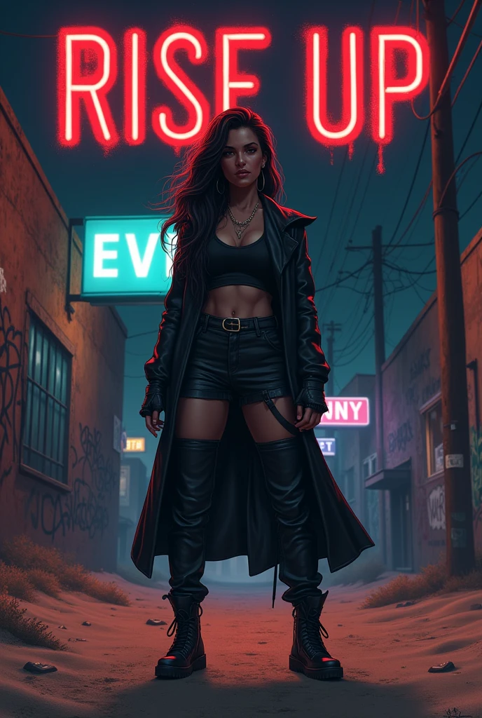 Cover for a song titled 'JOHNNY' in the Trap Hip Hop Drill genre. The focus is on a strong, fierce woman. She remains confident, wearing urban clothing with dark, dark tones, in a sandy urban landscape. The background is a night scene with graffiti covered walls, bright neon signs, and shadows to create an intense, powerful atmosphere. The woman should have a determined expression, symbolizing resistance and power, ready to rise. The title 'Rise Up' is in bold, metallic lettering at the top, with an aggressive touch, urban font style.