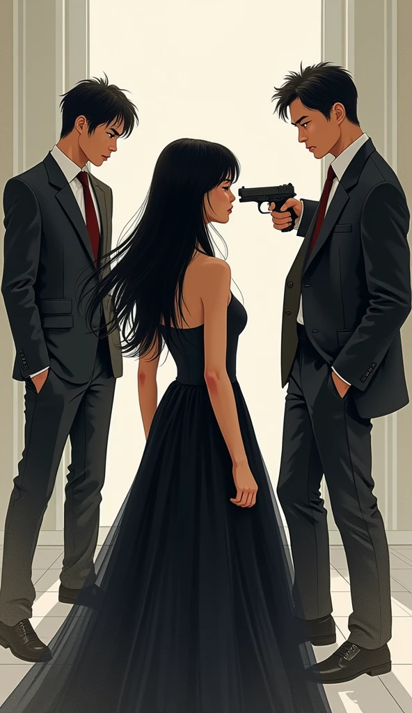 an asian woman in black dress long black hair facing an asian man pointing a gun at a 3 asian man in a suit