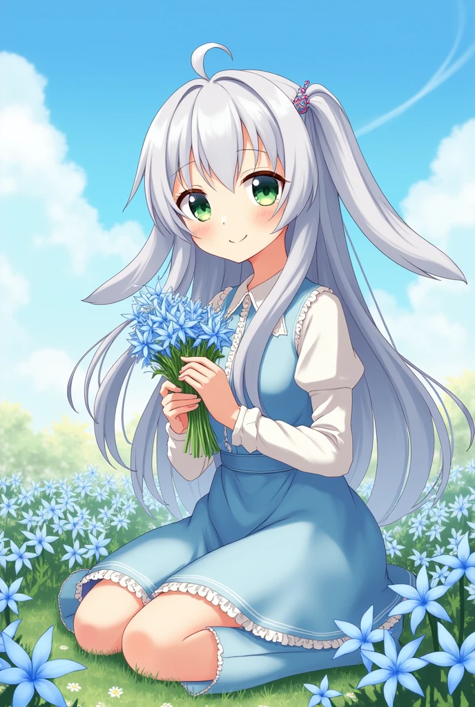 Main Character:
Bunnyx Chronia Aurelia is prominently featured on the cover. She is an 1 human girl with long, gray hair that flows gently down to her waist. Her large, green eyes are bright and expressive, reflecting her cheerful and joyful demeanor. Her naturally rosy cheeks add a touch of sweetness to her face. She wears a light blue skirt, a matching cotton blouse with subtle white details, and light blue boots, creating an elegant and angelic appearance.
Background:
Bunnyx is joyfully interacting with a vibrant field of flowers, surrounded by blue lilies and other colorful blooms. The sky is clear and sunny, with soft, warm lighting that highlights her radiant smile and the beauty of the scene. She is holding a bouquet of the flowers, which she gazes at with delight. The gentle breeze makes her gray hair sway slightly, and the serene, yet lively atmosphere of the field reflects her happy and gentle nature.