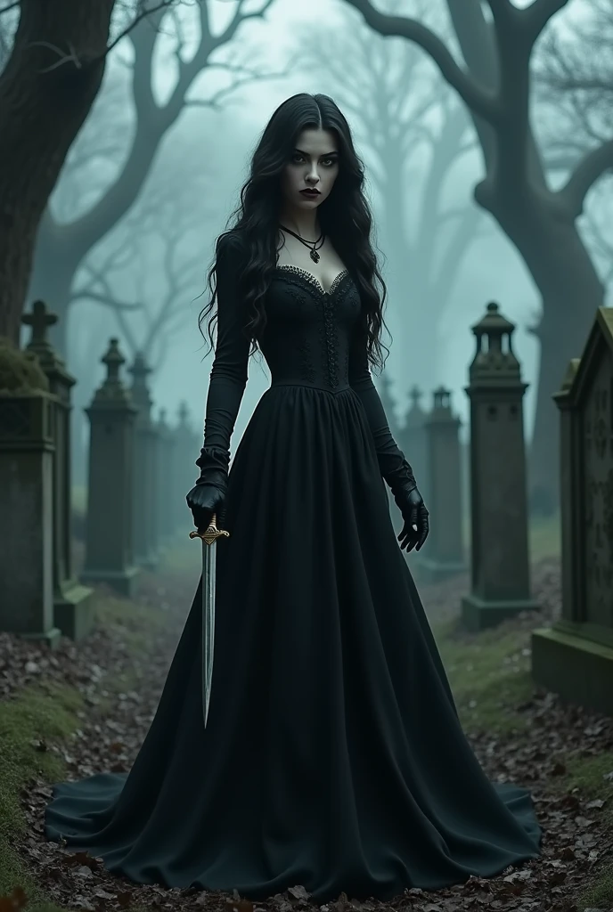 A woman in a long black dress in a cemetery with a dagger in her hand