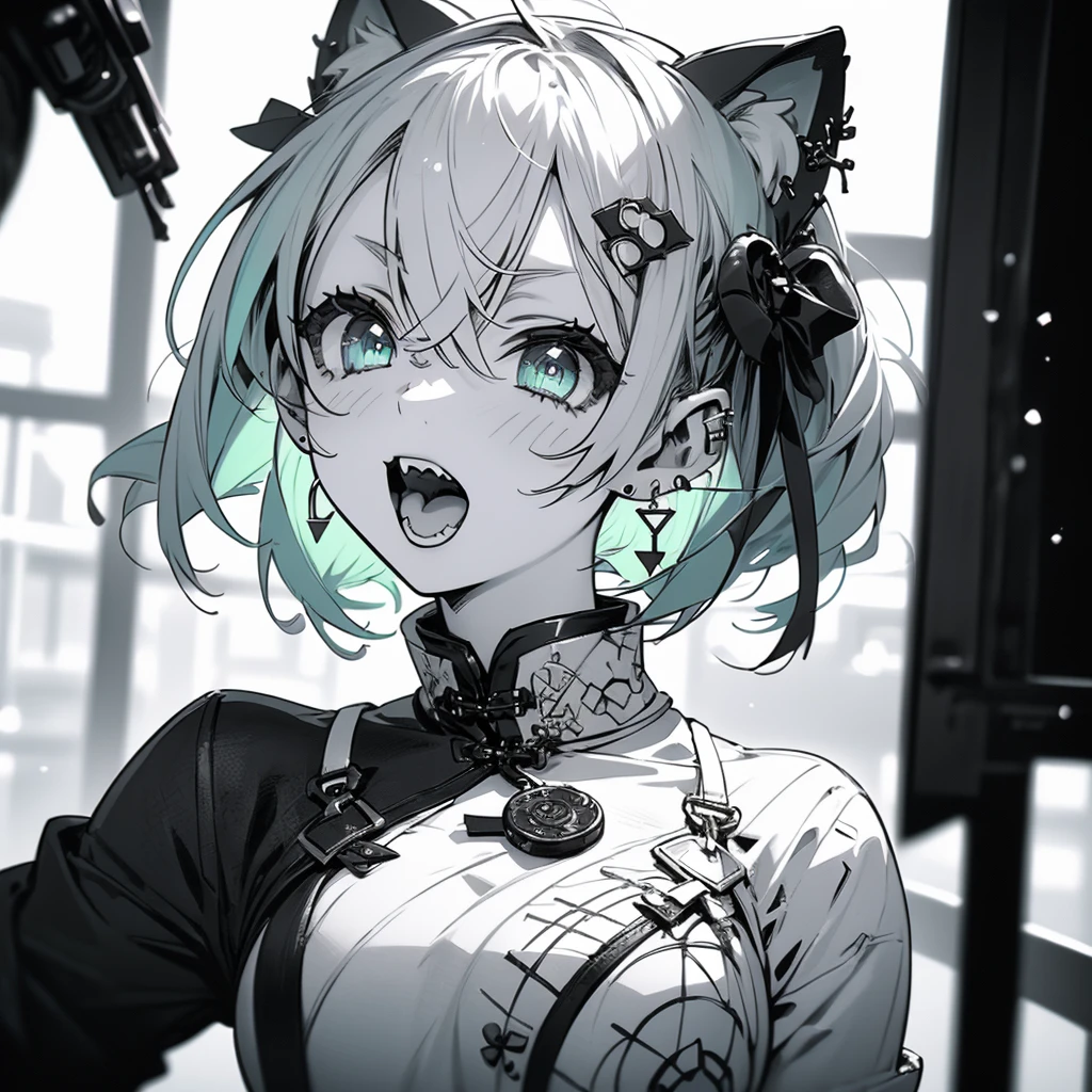 (8k, RAW Photo, Top Quality, Refined Details, Masterpiece: 1.2), (High Resolution 8k Wallpaper), Sharp Focus, Professional Lighting, Depth of Field, Cinematic Lighting, Background Blur,(1Girl:1.2), whole body, thin tail,(green hair: 1.2), (china dress: 1.4), animal ears, short hair, earrings, cat ears, blue eyes,,(manga style:1.5),bold outline,thin line drawing,bright colors,(black and white photography:1.5)