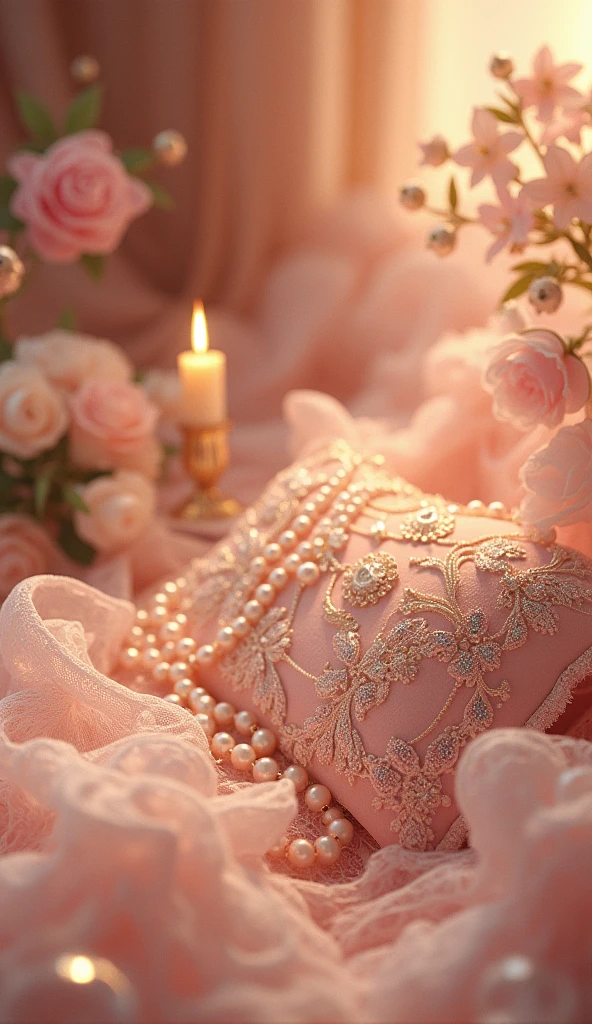 A Victorian-era dream world of delicate lace and vintage trinkets, intertwined with luminous pearls and diamonds, bathed in a soft, ethereal light pink glow, reminiscent of a bygone era of opulence and refinement, where time stands still and luxury reigns supreme, surrounded by warm golden light and nostalgia, inviting all to step into a world of refined elegance and forgotten beauty, amidst a sense of timeless wonder and enchantment.