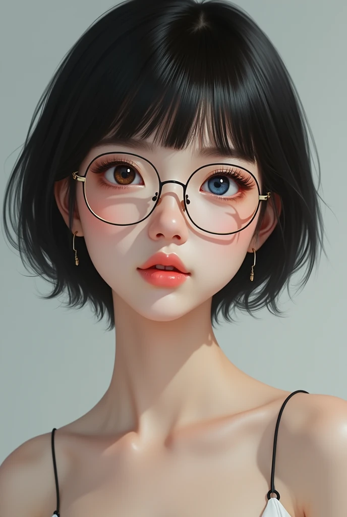  Asian with heterochromia, short-hair, bangss, glasses, realistic human being