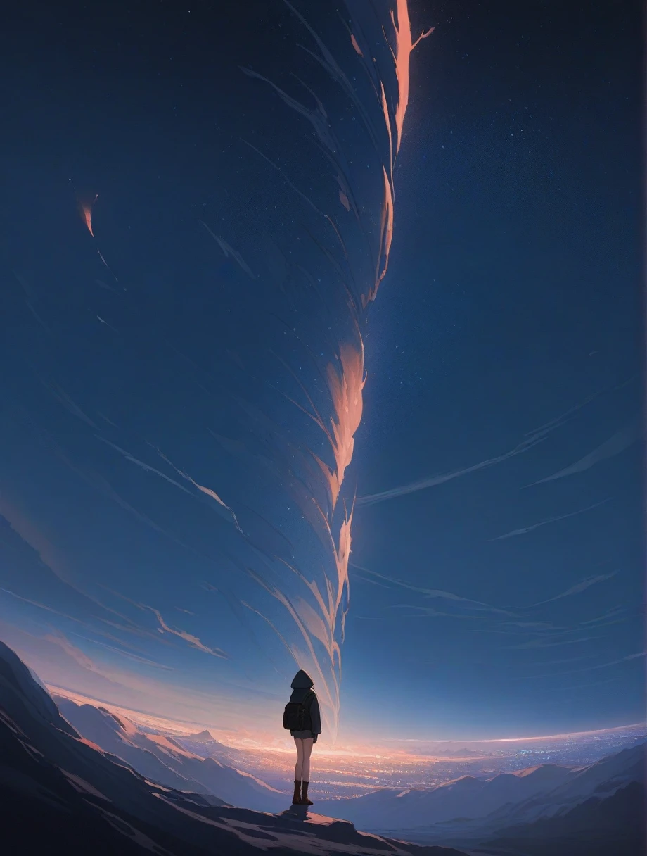 score_9, score_8_up, score_7_up, score_anime, masterpiece, top quality, delicate illustration, sharp lines, sharp focus, BREAK, a traveling girl wandering in the endless night world, the girl wears a hood and has a lot of stuff in her backpack, night , fantastic landscape, beautiful scenery, harmony with nature, spectacular view, space city, (((torn clothes))), (((torn hood))),shorts,boots