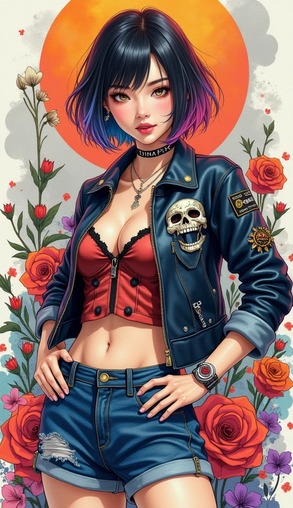8K quality, watercolor painting, stylish design, (((The strongest beautiful girl of all time))), (((Japanese))), Fashionable hats, (((highest quality))), bob hair, HDR, ((Detailed details)), skull fashion, detailed clothing texture, (((graffiti art))), colorful hair, ((masterpiece))、((Super detailed))、colorful flowers