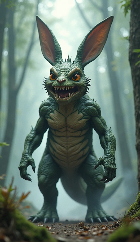 A large, fantastical creature resembling a hybrid of a dragon and rabbit stands in a misty forest. Its body is covered in textured, scaly skin, while its face features a menacing grin filled with sharp teeth and bright orange eyes. The creature has prominent, large rabbit ears and muscular limbs with clawed feet. Surrounding it are tall, thin trees that create an ethereal atmosphere, with soft light filtering through the foliage. The ground is a mix of dirt and scattered greenery, enhancing the mystical setting.