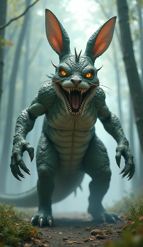 A large, fantastical creature resembling a hybrid of a dragon and rabbit stands in a misty forest. Its body is covered in textured, scaly skin, while its face features a menacing grin filled with sharp teeth and bright orange eyes. The creature has prominent, large rabbit ears and muscular limbs with clawed feet. Surrounding it are tall, thin trees that create an ethereal atmosphere, with soft light filtering through the foliage. The ground is a mix of dirt and scattered greenery, enhancing the mystical setting.