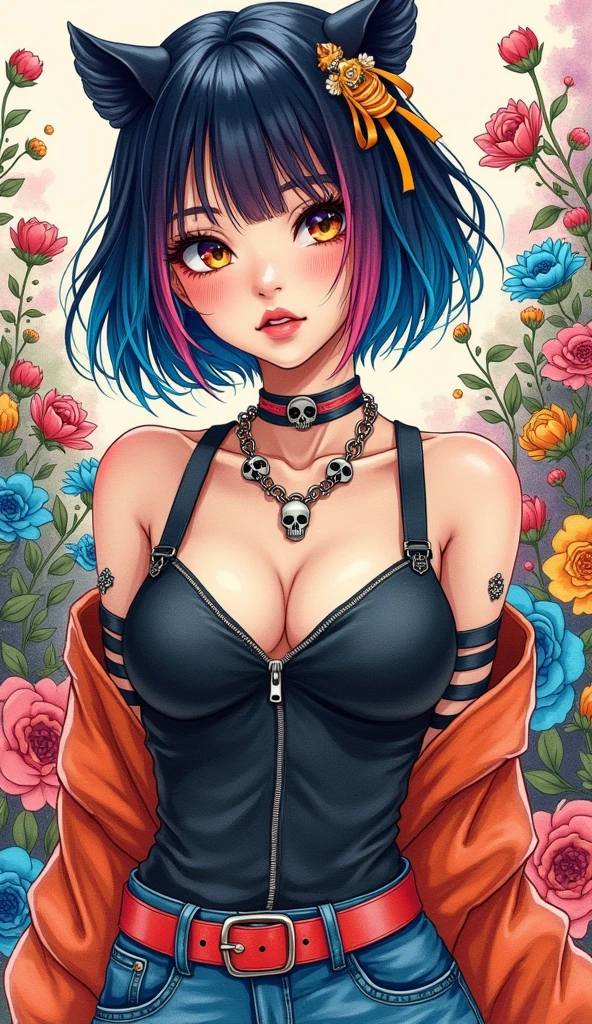 8K quality, watercolor painting, stylish design, (((The strongest beautiful girl of all time))), (((Japanese))), Fashionable hats, (((highest quality))), bob hair, HDR, ((Detailed details)), skull fashion, detailed clothing texture, (((graffiti art))), colorful hair, ((masterpiece))、((Super detailed))、colorful flowers