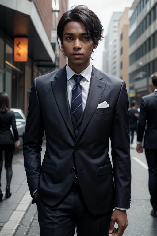 Create a young, dark-skinned translator who wears suits