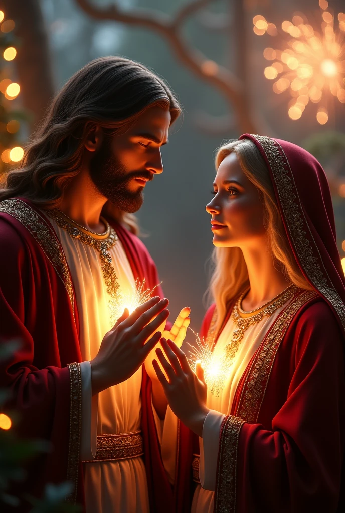 (photorealism:1.2), a handsome Jesus Christ and a beautiful virgin Mary, praying and celebrating Christmas, wearing the elegant color maroon clothes sorrounded of many diamonds, the light in their heads and hearts sparkling all over, beautiful clothes, very nice hair, outdoors, soft light in the evening, fireworks and Christmas decorations in the background, evening with Christmas light, cozy Christmas, relaxed pose, realistic, intricate details, warm colors,