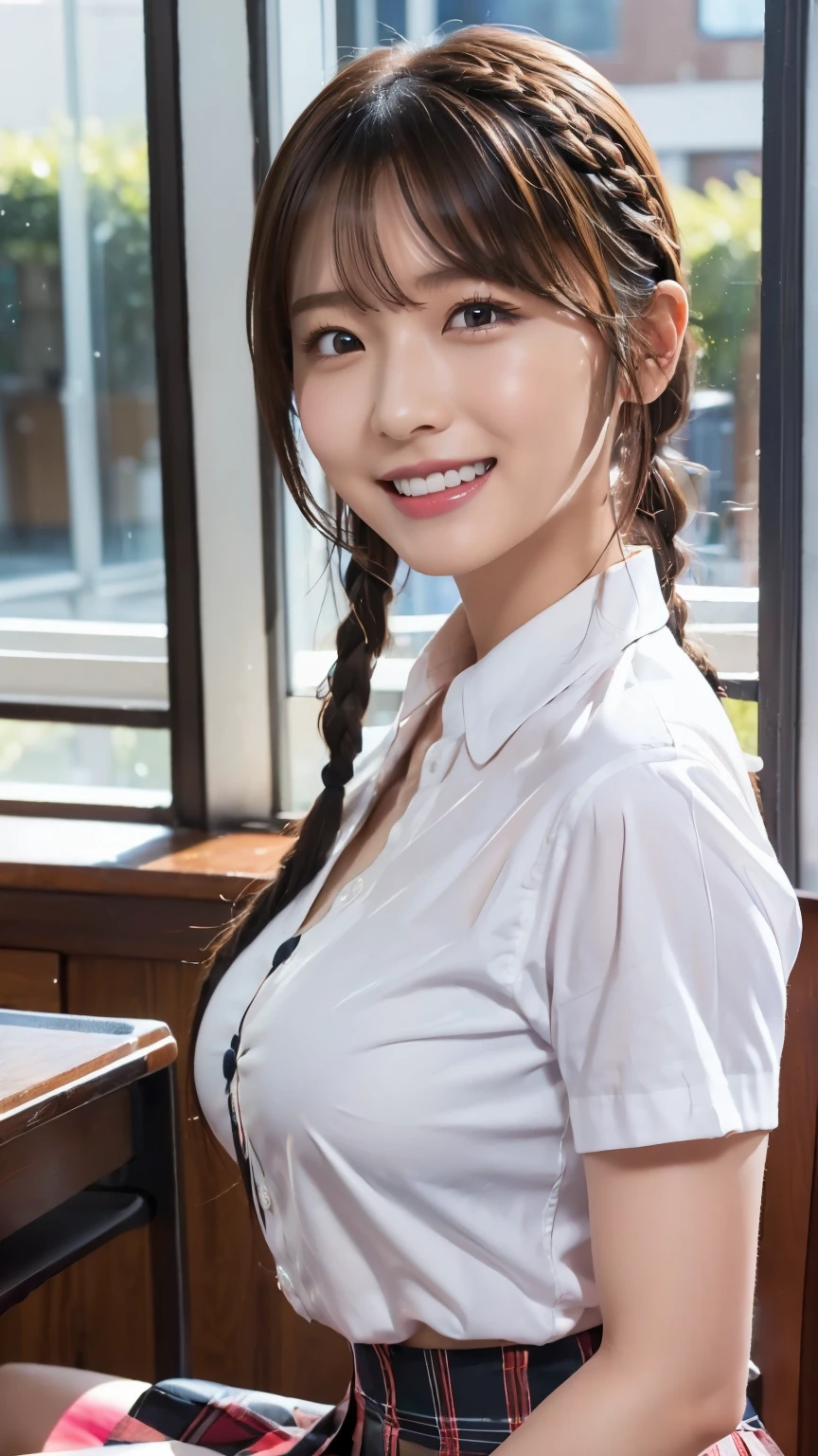 (Realistic:1.4, 8k), Top Quality, Masterpiece, Ultra High Resolution, Perfect Dynamic Composition, (Cinematic Lens Effect), (Beautiful Face), (Brown Hair:1.3, Short Twin Tail), (Braids), Detailed Skin and Face Texture:1.3, Tanned Skin:1.0, Perfect Proportions Medium height, Gleaming legs, Limb detail, Cute and sexy one schoolgirl, (totally charms you:0. 9), (Uniform: 1.3, white shirt, checked skirt), Huge bombshell , Big cleavage, (Gal makeup, eyeliner, lip gloss, beautiful erotic eyes: 0.85), Sexy face: 0.8, ( (beautiful eyes, thick lips, beautiful erotic taste: 0.85), (too pretty woman: 0.9), (classroom, machine, chair, big window), (look at camera), (extreme close-up: 1.3), ((smile)), (open mouth: 1.4), tongue, etc.