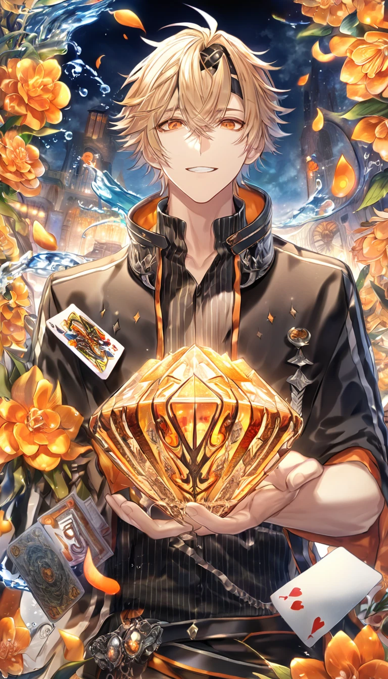 absurdres, highres, ultra detailed, HDR, master piece, Toma, spiky blonde hair, expressive orange eyes, black hairband, black-and-orange, long-sleeved shirt that is horizontally striped, short-sleeved black jacket, Amnesia Memories, sexy man, handsome, best quality, orange blossoms, orange petals, orange flowers, fantasy, magical, orange shining fireflies, solo, water, diamond of cards, handsome smile,