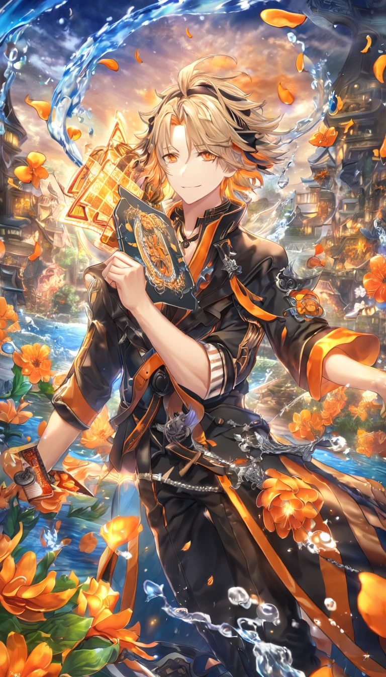 absurdres, highres, ultra detailed, HDR, master piece, Toma, spiky blonde hair, expressive orange eyes, black hairband, black-and-orange, long-sleeved shirt that is horizontally striped, short-sleeved black jacket, Amnesia Memories, sexy man, handsome, best quality, orange blossoms, orange petals, orange flowers, fantasy, magical, orange shining fireflies, solo, water, diamond of cards, handsome smile,