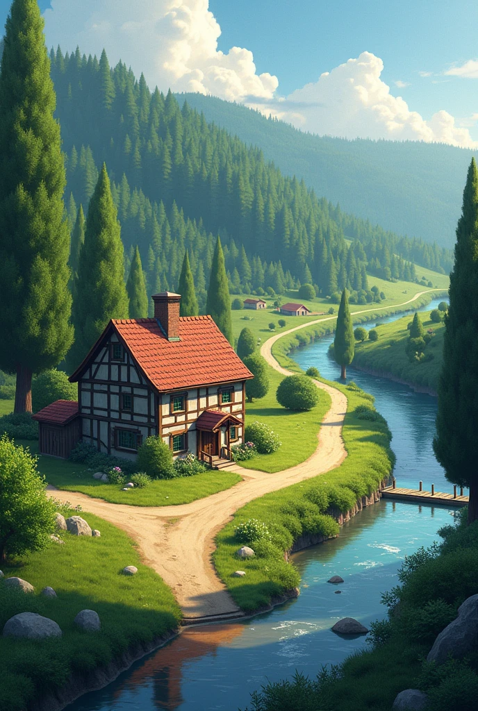 A country house with a road with a river going down. On the other side of the river, the apiary cannot be seen through the forest.