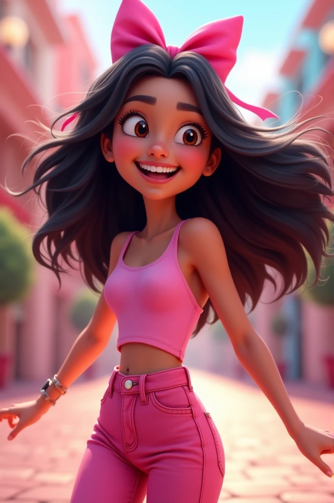 Disney pixar style age woman with black hair with bow and a pink outfit with pink sneakers.And she is very excited