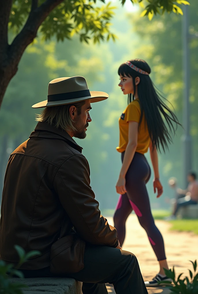 A man with brown blond hair, seated (You can only see the shadow of man)  They have a thick, light-colored hat, and a brown leather jacket, está seated en un parque y ve caminar a una mujer de ojos grises, straight black hair, a bandana on his head and dark purple leggings and a yellow shirt with pink.