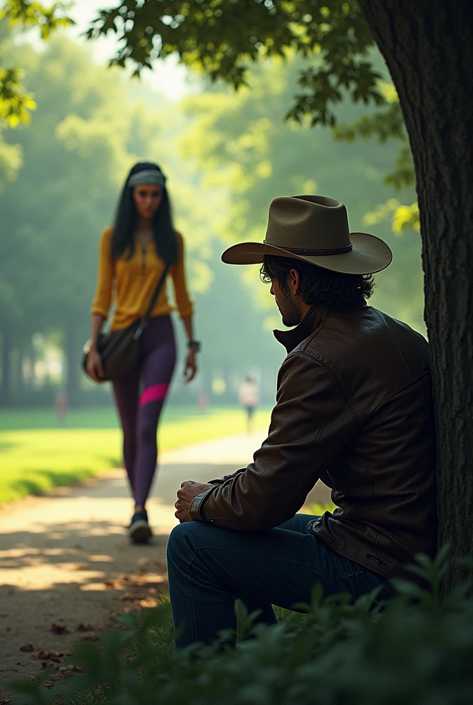 A man with brown blond hair, seated (You can only see the shadow of man)  They have a thick, light-colored hat, and a brown leather jacket, está seated en un parque y ve caminar a una mujer de ojos grises, straight black hair, a bandana on his head and dark purple leggings and a yellow shirt with pink.