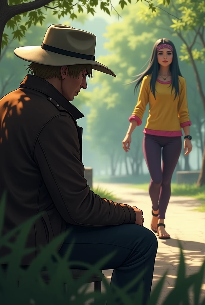 A man with brown blond hair, seated (You can only see the shadow of man) They have a thick, light-colored hat, and a brown leather jacket, está seated en un parque y ve caminar a una mujer de ojos grises, straight black hair, a bandana on his head and dark purple leggings and a yellow shirt with pink.