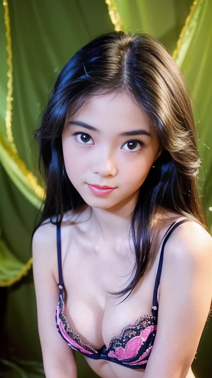 (masterpiece,best quality:1.4),(8k,raw photo,photo realistic:1.2),(shiny skin),detailed skin,detailed face,detailed eyes,Sparkling eyes:1.3,Symmetrical eyes,Detailed Background,detailed hand,1girl,natural make-up,((cute )),(cute Fancy room), natural breang trendy hair, ((Teen averageast)),(((Wacand silk bra,))),((shiny cleavage)), (very beaute), (beautiful asian), small round breasts:1.2, girl cute-fine-fte smile, (super detailed Wacoal brand design,trend),,upper body,nsfw,sexy Instagram style,,face of the Gon Ratio