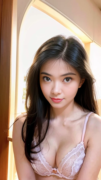 (masterpiece,best quality:1.4),(8k,raw photo,photo realistic:1.2),(shiny skin),detailed skin,detailed face,detailed eyes,Sparkling eyes:1.3,Symmetrical eyes,Detailed Background,detailed hand,1girl,natural make-up,((cute teen)),(cute Fancy room), natural breasts,young trendy hair, ((Teen average breast)),(((Wacoal brand silk bra,))),((shiny cleavage)), (very beautiful cute), (beautiful asian), small round breasts:1.2, girl cute-fine-face,,Cute smile, (super detailed Wacoal brand design,trend),,upper body,nsfw,sexy Instagram style,,face of the Golden Ratio