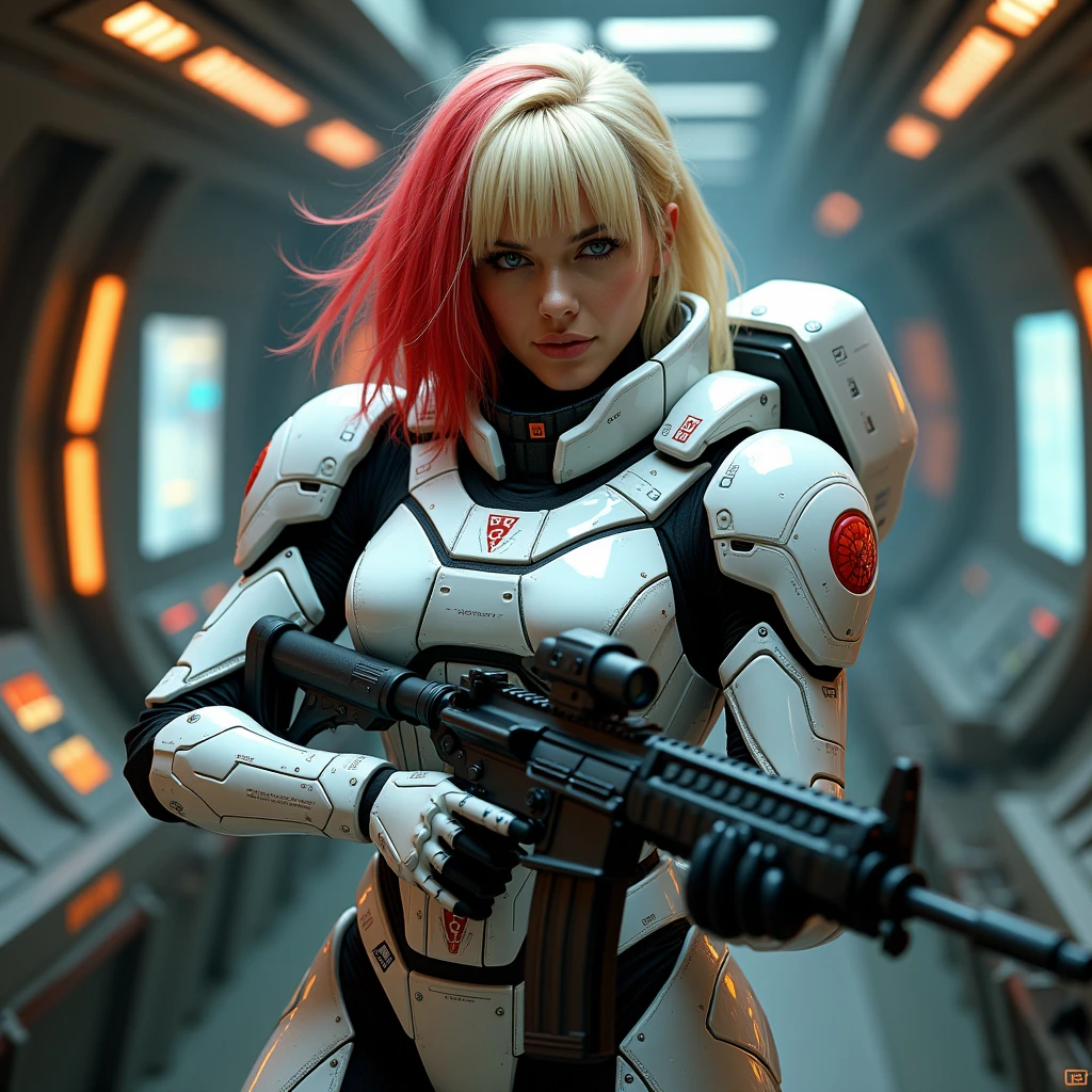 ArsMJStyle, dnddarkestfantasy, mythp0rt, highly detailed photorealistic image, perfect composition, perfect lighting, intricate detail, female oriental space marine, two-tone hair, blonde with red highlights, bangs, white and red body armor, holding assault rifle, spaceship bridge, RAW photo, HD32K, absurdres, cowboy shot