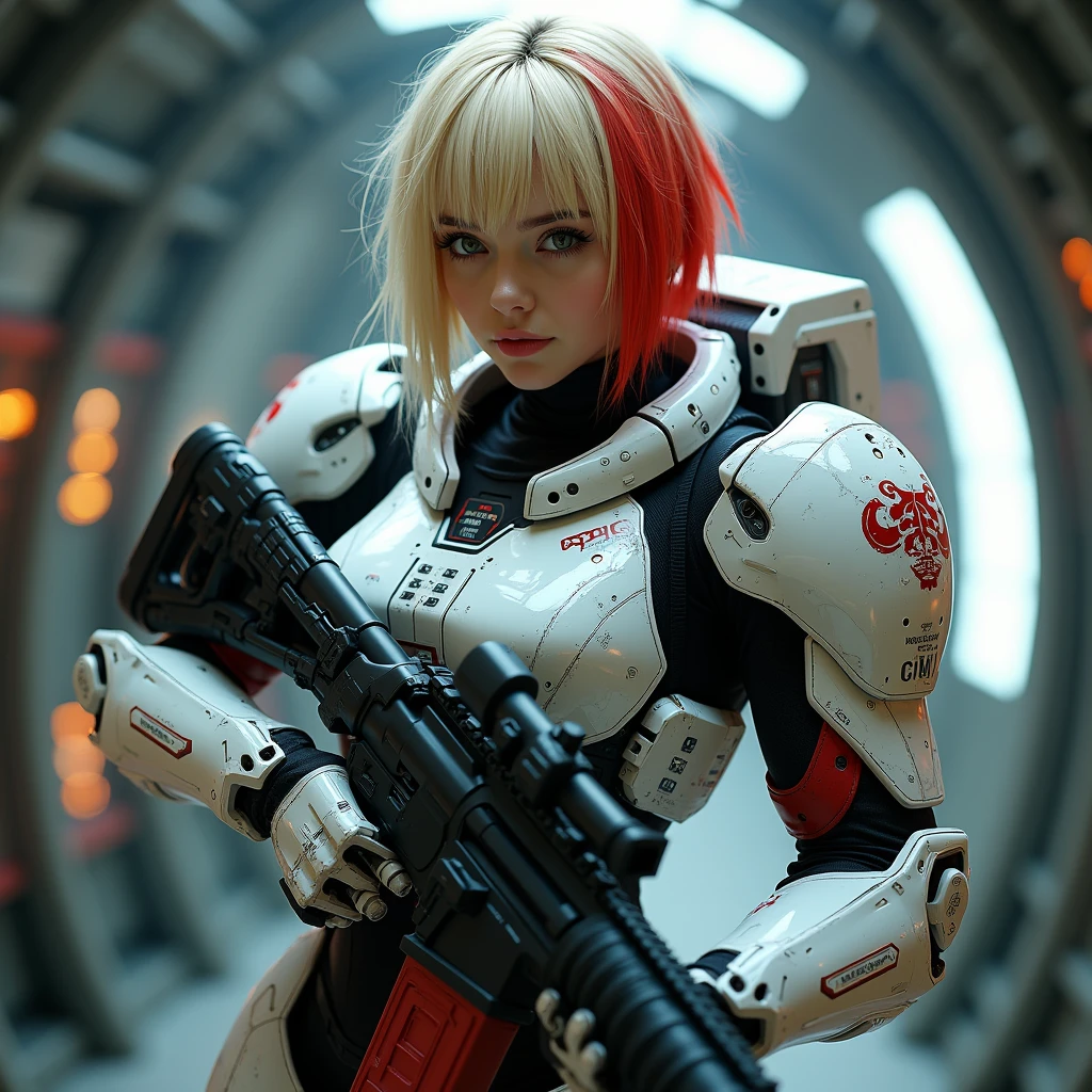 ArsMJStyle, dnddarkestfantasy, mythp0rt, highly detailed photorealistic image, perfect composition, perfect lighting, intricate detail, female oriental space marine, two-tone hair, blonde with red highlights, bangs, white and red body armor, holding assault rifle, spaceship bridge, RAW photo, HD32K, absurdres, cowboy shot