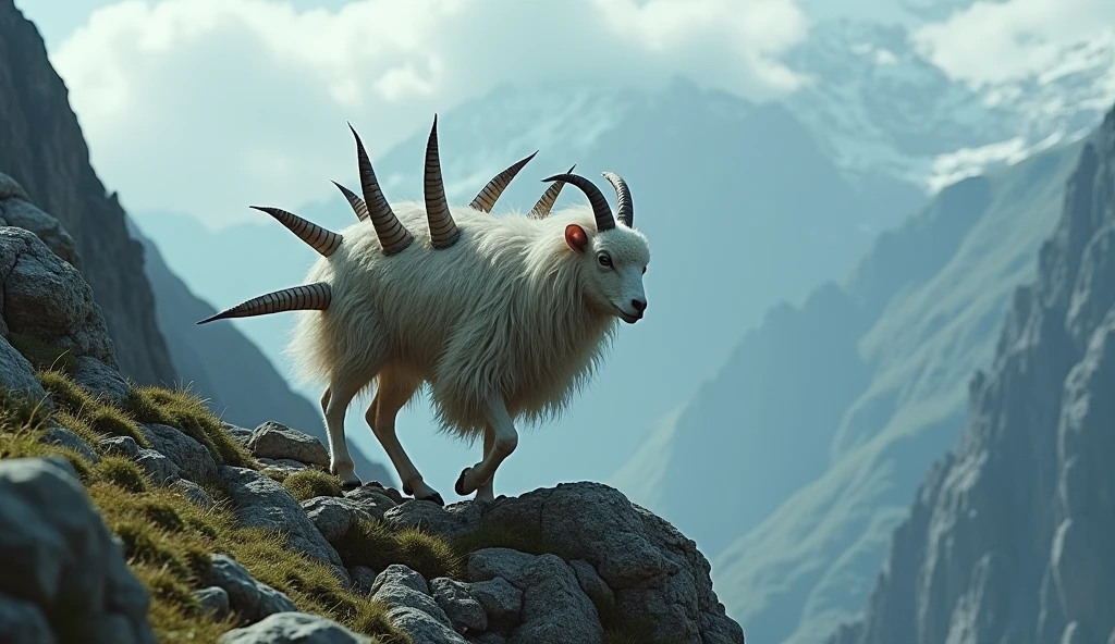 There is a wild beast on the mountain,Sheep-like appearance,It has nine tails and four ears.,Its eyes are on its back.(best quality,4K,8k,High level,masterpiece:1.2),Ultra Detailed,(lifelike,Photo real,Photo real:1.37)