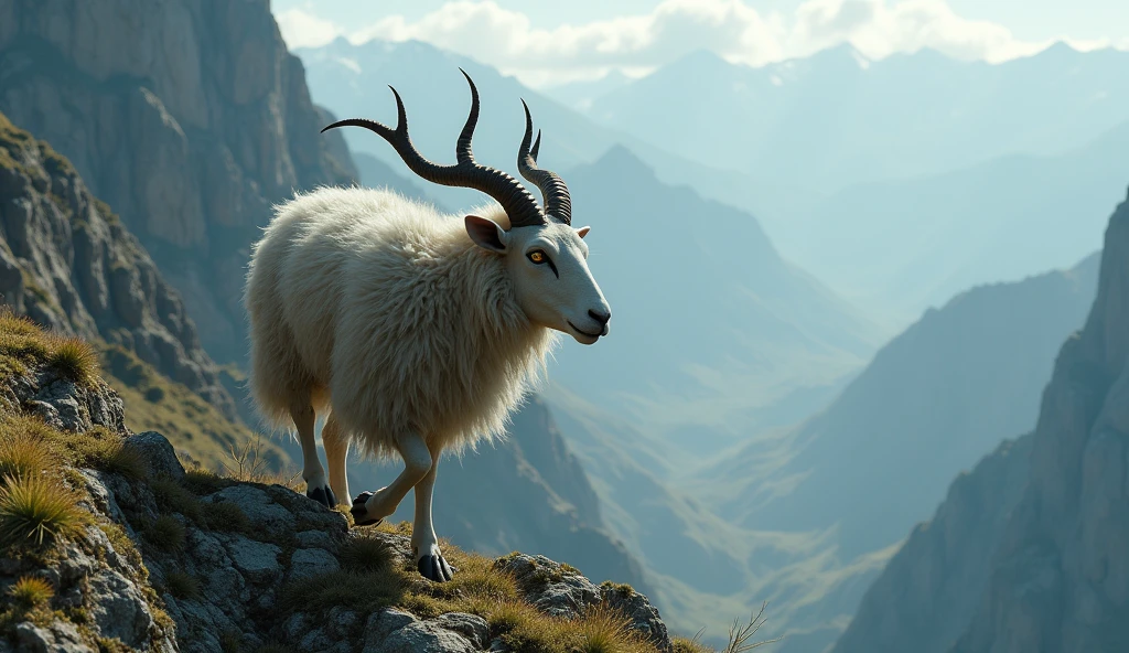 There is a wild beast on the mountain,Sheep-like appearance,It has nine tails and four ears.,Its eyes are on its back.(best quality,4K,8k,High level,masterpiece:1.2),Ultra Detailed,(lifelike,Photo real,Photo real:1.37)