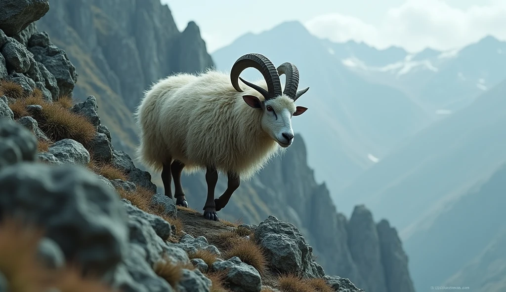There is a wild beast on the mountain,Sheep-like appearance,It has nine tails and four ears.,Its eyes are on its back.(best quality,4K,8k,High level,masterpiece:1.2),Ultra Detailed,(lifelike,Photo real,Photo real:1.37)