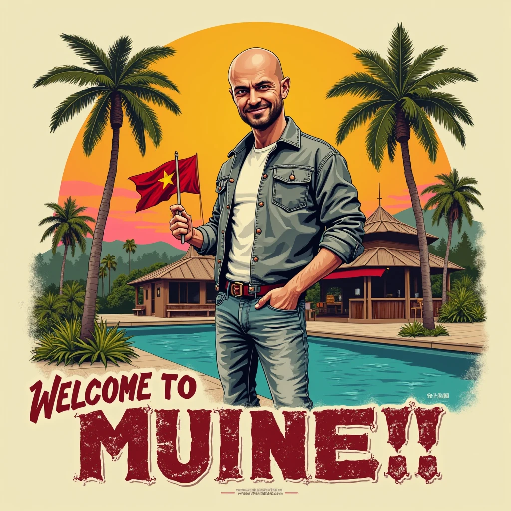 A stunning masterpiece with a propaganda twist, featuring a bold title "WELCOME to MUINE!!!" in a propaganda style font with rustic, worn edges. The title is emblazoned in a curved line and placed prominently in front of a caricature of a man with a shaved head and a mischievous aura. He is set against a clean, circular background that evokes the colors of the Vietnamese flag. He's dressed in a worn, grey jacket and faded jeans, which adds to his laid-back, carefree vibe. However, his scowling expression and sly, smug smile suggest that there's more to him than meets the eye. He's clutching a miniature Russian flag in his hand, which adds a touch of irony and sarcasm to the design. The man is standing in front of a small, tropical bar in Vietnam, surrounded by a sun-drenched swimming pool. The tropical setting is characterized by vibrant hues of green, brown, and yellow, which mingle with tropical shades of orange, pink, and turquoise. The color palette is inspired by Eastern fusion and pop art, which adds to the design's playful, tongue-in-cheek feel. The overall effect of the design is a rich, saturated color palette that pops against fabric. The distressed, grungy edges and bold, eye-catching elements make it perfect for textile printing. The design exudes a playful, whimsical atmosphere, with a touch of sarcasm and irony. The overall color scheme is vibrant and distressed, with a 1960s vintage design. It's a truly unique and eye-catching design that's sure to turn heads.